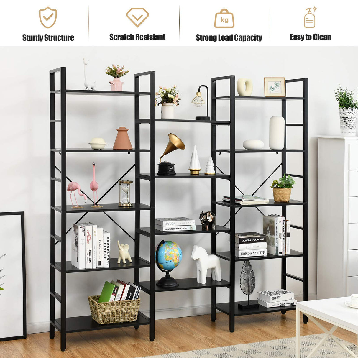 Tangkula Triple Wide 5-Tier Bookcase, Large Open Bookshelf, Display & Storage Shelf, Vintage Industrial Style Shelves with Metal Frame, Bookcase Furniture for Living Room, Study, Office (Black) Tangkula