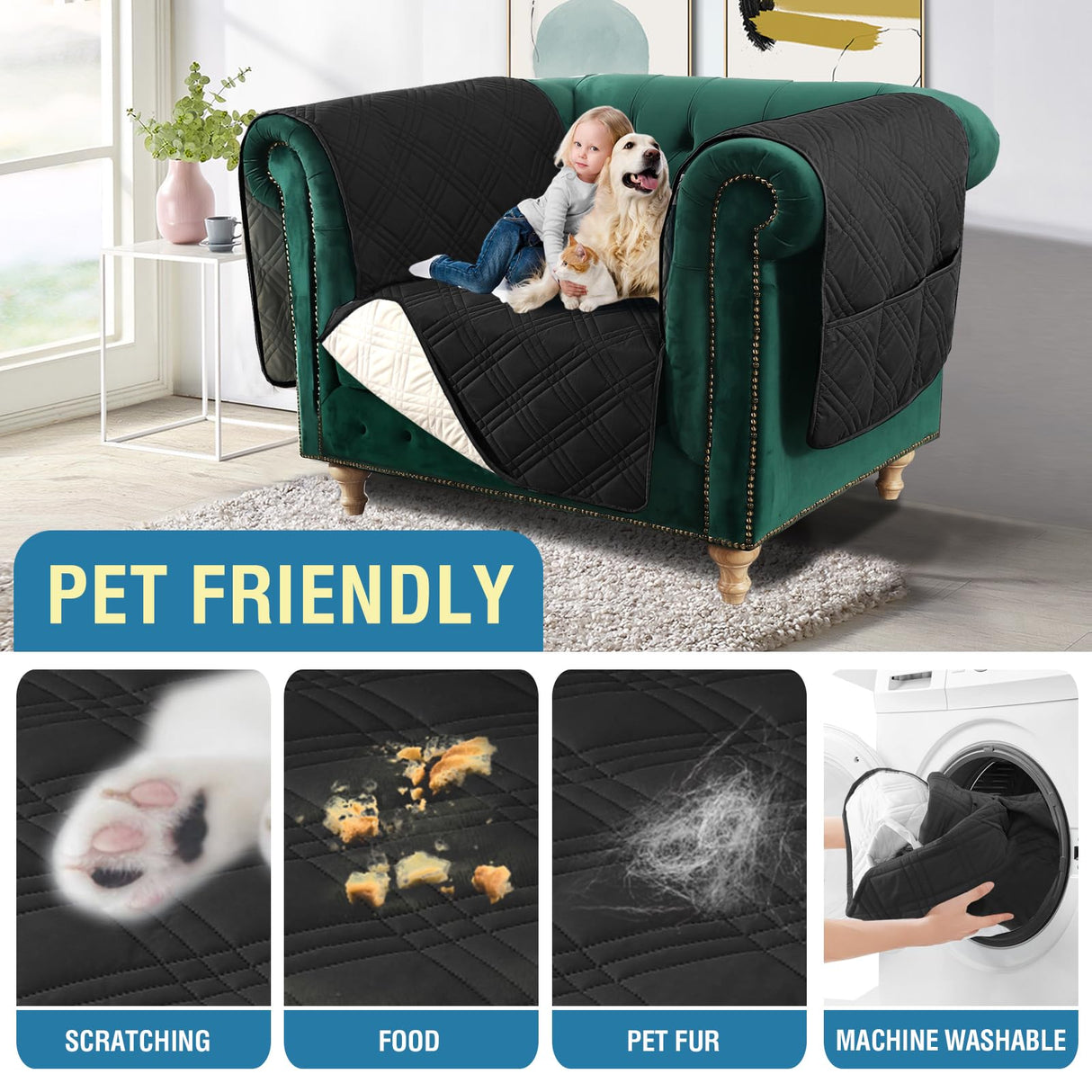 H.VERSAILTEX 100% Waterproof Armchair Slipcovers Modern Arm Chair Covers with Extra Long Armrest Cover Traditional Chesterfield Chair Covers Thick Sofa Protector for Cats (Chair, Black/Beige) H.VERSAILTEX