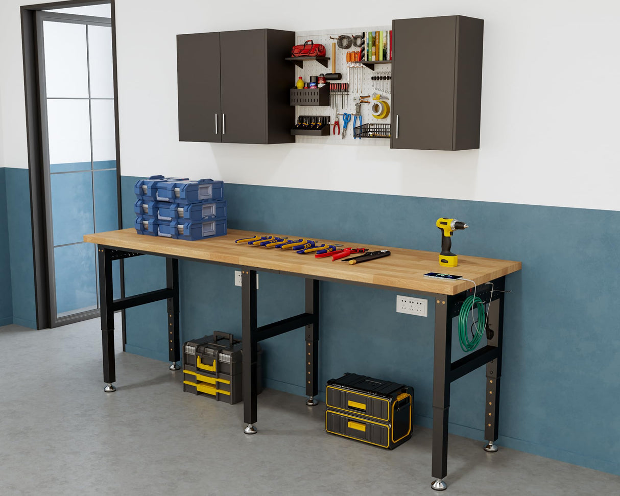 SPECRAFT 72“ Adjustable Heavy Duty Workbench with 4 AC Outlet and 2 USB Ports Power Outlets, 5000 Lbs Capacity, Rubber Wood Top for Garage, Workshop, Office SPECRAFT
