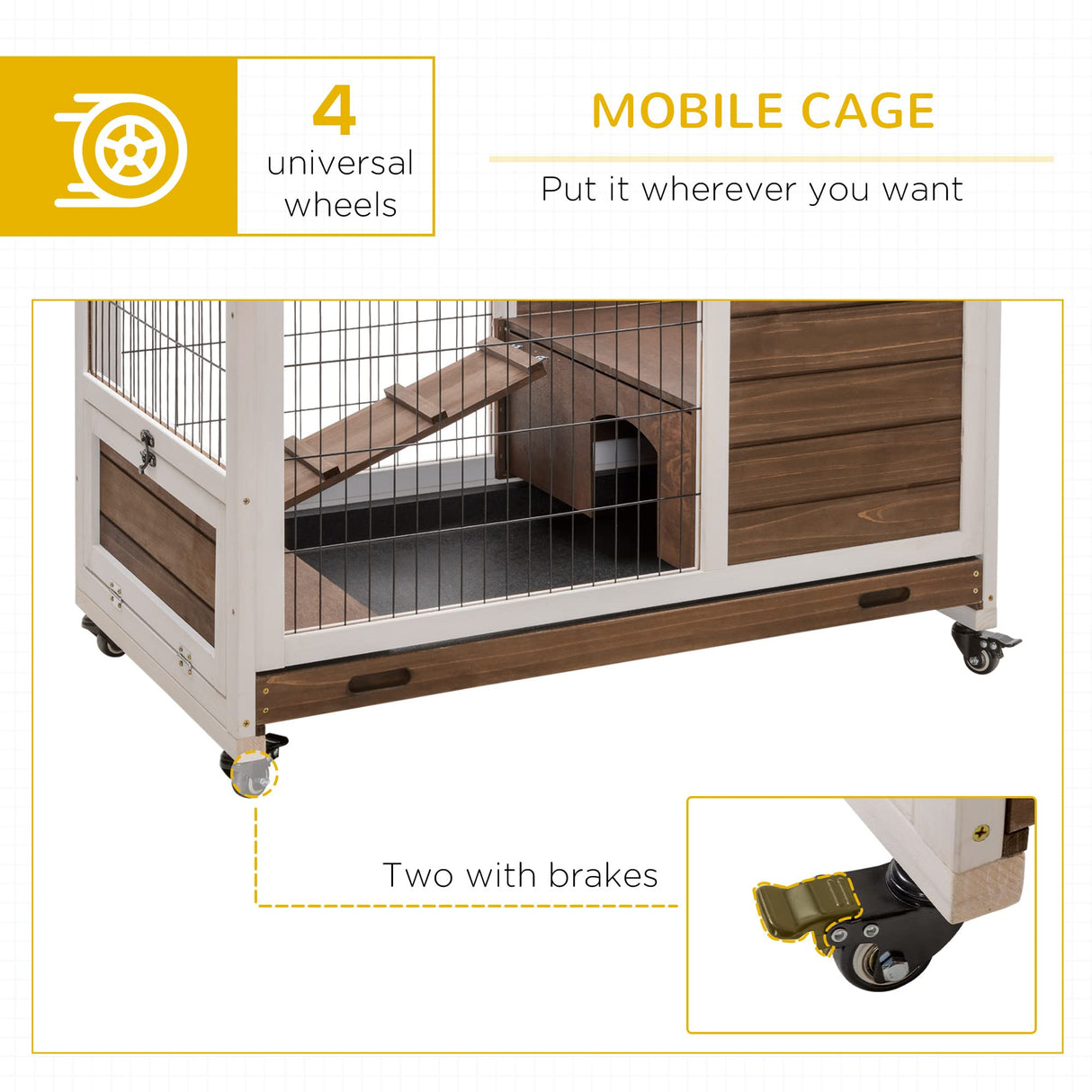 PawHut Wooden Indoor Rabbit Hutch Elevated Cage Habitat with No Leak Tray Enclosed Run with Wheels, Ideal for Rabbits and Guinea Pigs, Brown PawHut
