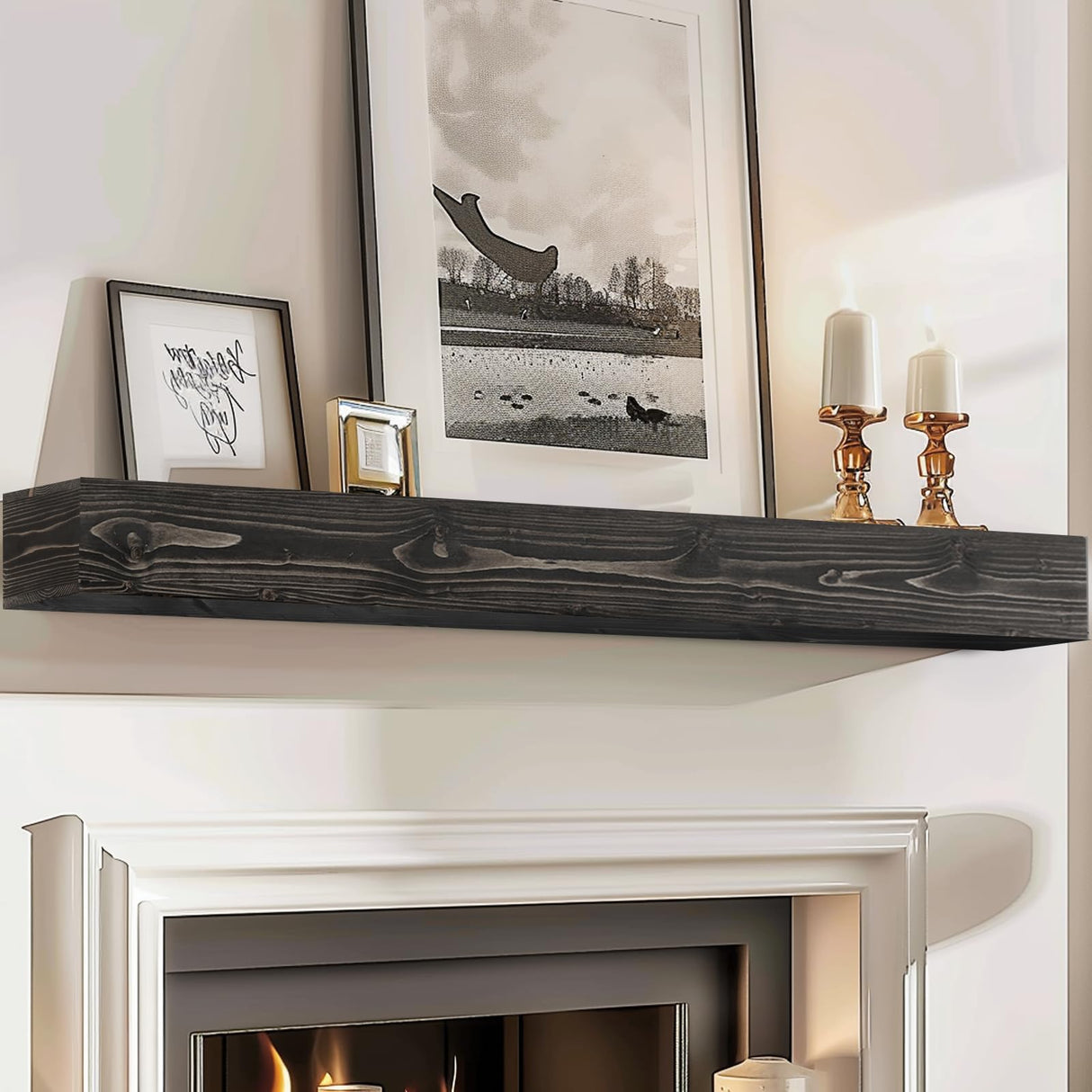 ABSWHLM 72x8x5 Fireplace Mantel - Handcrafted Hollow Rustic Solid Wood Wall Mounted Floating Shelf with Invisible Heavy Duty Wood Bracket (Weathered Black) ABSWHLM