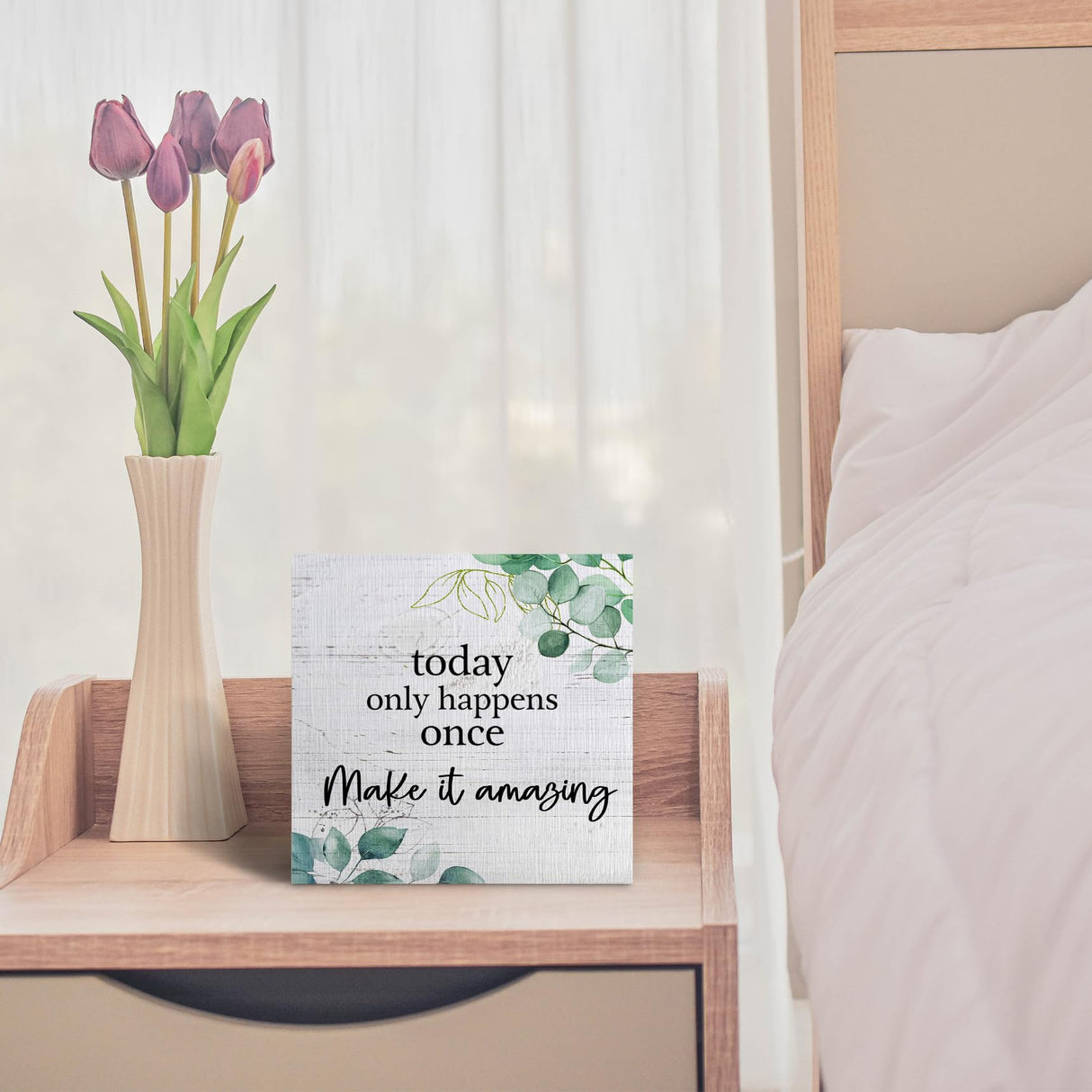 ANIANG Inspirational Wooden Box Sign, Motivational Desk Decor, Rustic Modern Farmhouse Decor, Today Only Happens Once Make It Amazing Wood Block Box Sign Plaque for Office Home Shelf Decor ANIANG
