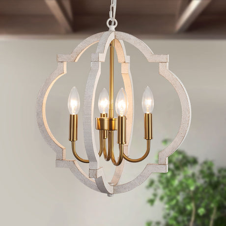 Rustic Farmhouse Chandelier 4 Light Vintage Gold and White Orb Wood Chandelier Hanging Light Fixtures Retro Flush Mount Ceiling Pendant Light for Dining Room Living Room Kitchen Entryway Hallway ASHUAQI