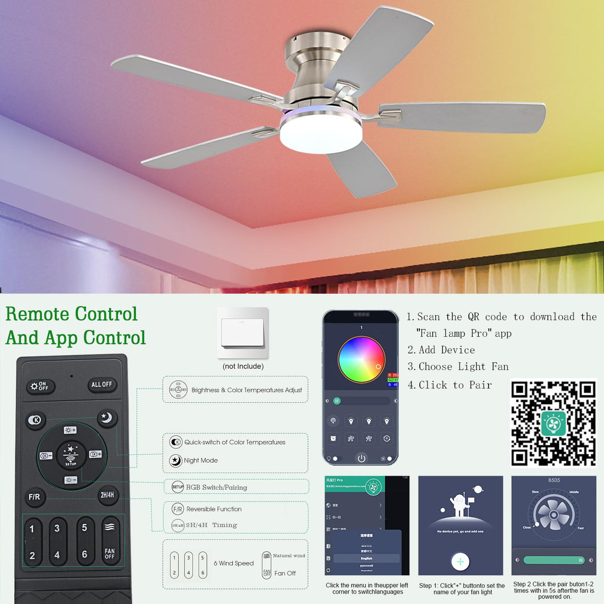 Ayaoty Ceiling Fans with Lights, 48 inch Low Profile Ceiling Fan with Light and Remote Control, Flush Mount RGB Dimmable Light, Noiseless, Nickel Ceiling Fan for Bedroom Indoor/Outdoor Use Ayaoty