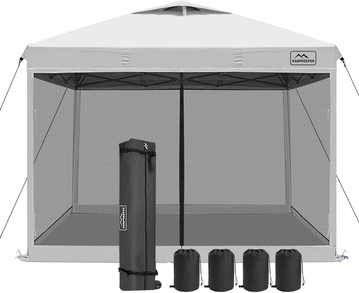 KAMPKEEPER Outdoor 10'x10' Pop Up Screened Canopy Tent with Netting Mesh Walls,4 Sandbags,1 Roller Bag (White Vented Top KAMPKEEPER