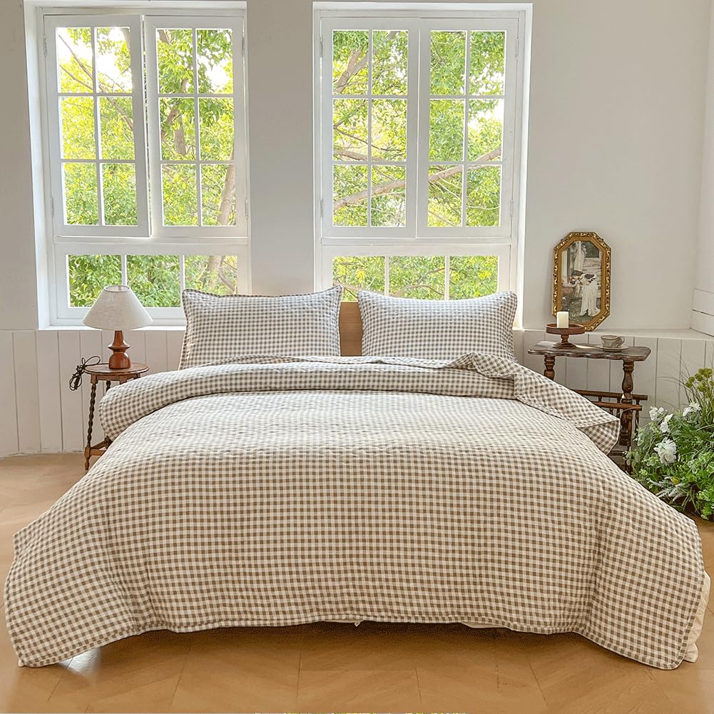 Tan Gingham Queen Quilt Set, Soft Pre-washed Microfiber Taupe Plaid Queen Bedspread, Lightweight Checked Summer Quilt, Grid Bedding Coverlets for All Seasons (Includes 1 Quilt, 2 Pillow Shams) NSNLGSGC