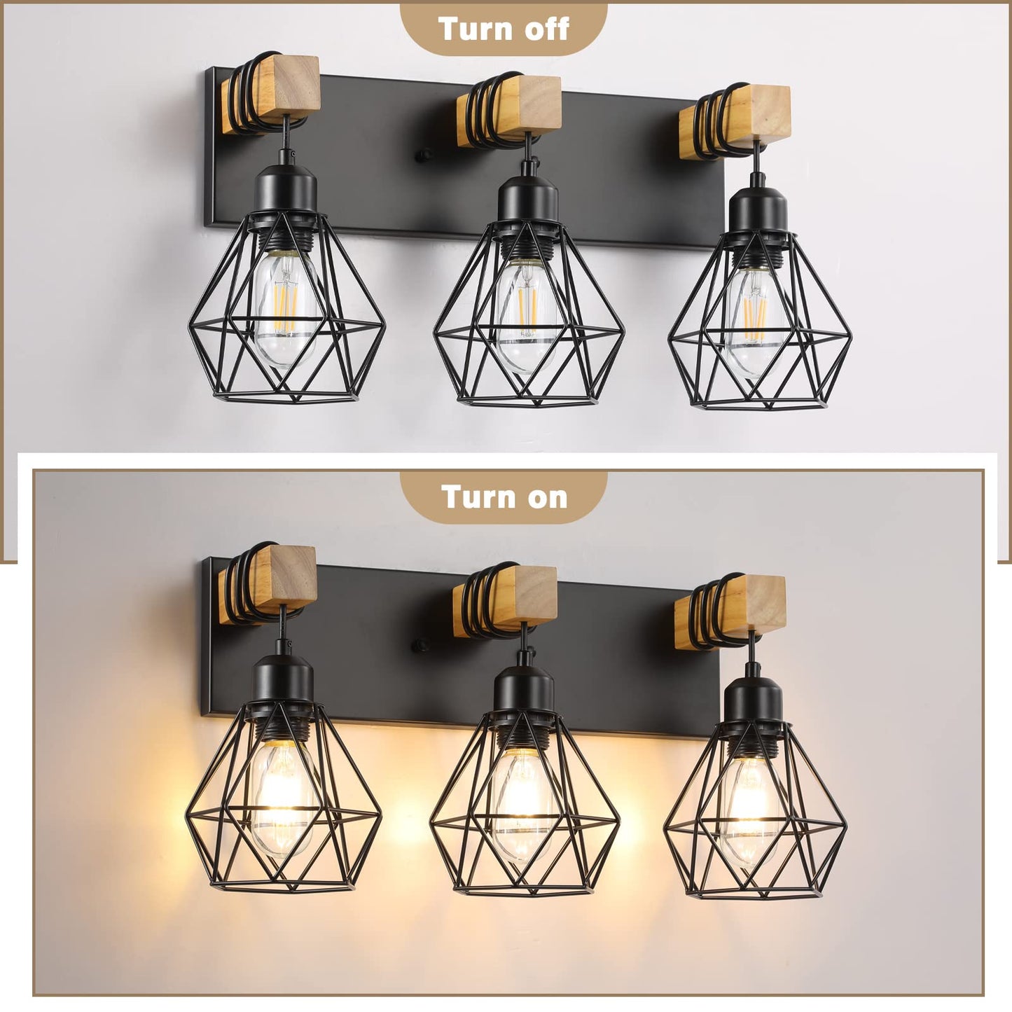 Farmhouse Bathroom Vanity Light Fixtures, 3-Light Wood Bathroom Light Fixtures Over Mirror, Rustic Sconces Wall Lighting with Elegant Metal Lampshade for Living Room, Bedroom, Hallway - WoodArtSupply