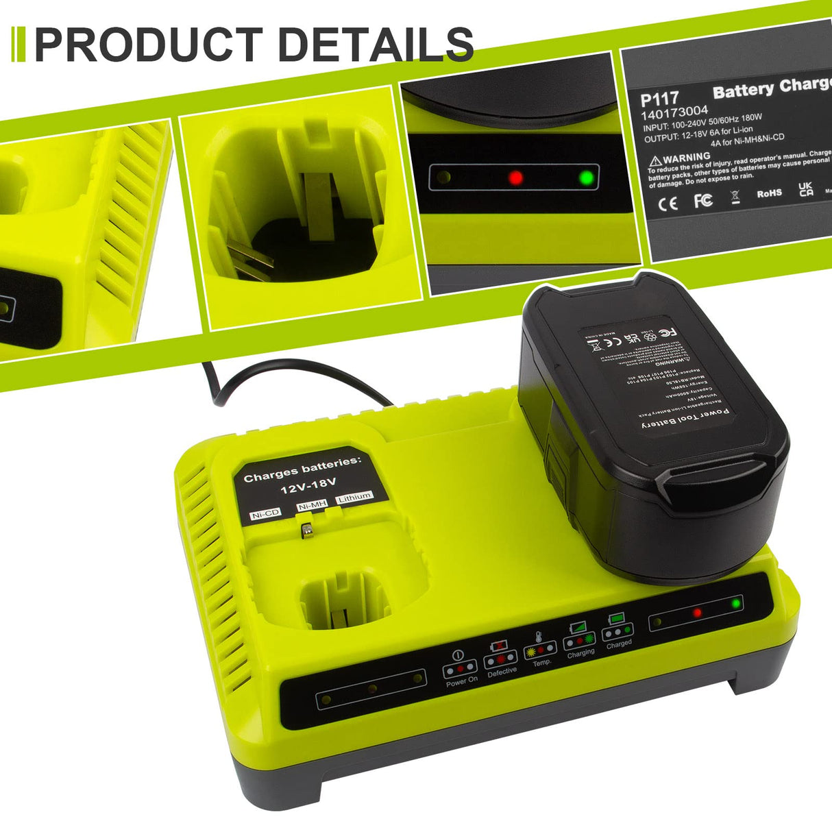 Futurebatt Dual Charging Port P117 Quick Charger (Multi-Chemistry) for Ryobi 12V-18V ONE+ NiCd/NiMh/Lithium Tools Battery Charging Station fit P100 P102 P103 P105 P107 P108 P122 P189 P191 P197 Futurebatt