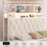 HIFIT Queen Size Upholstered LED Canopy Bed Frame with Storage and Charging Station, Button Tufted Storage Headboard with Bookshelf, Two-Use Metal Platform Bed with 4 Removable Post & 2 Drawers, Biege HIFIT