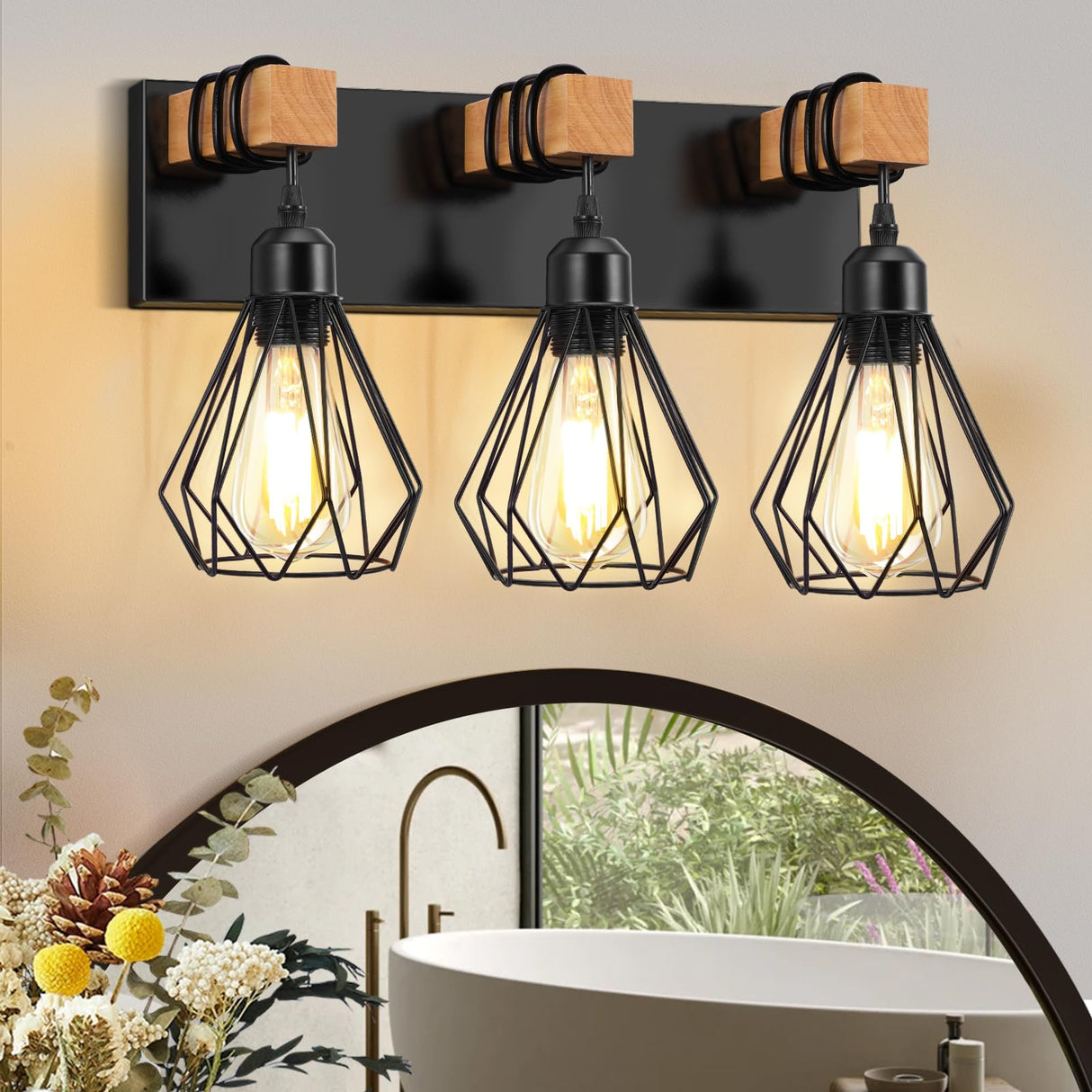 IZORRO Farmhouse Bathroom Vanity Light Fixtures, 3-Light Wood Bathroom Lighting Fixtures Over Mirror, Black Rustic Industrial Sconces Wall Lights with Metal Lampshade for Living Room, Bedroom IZORRO