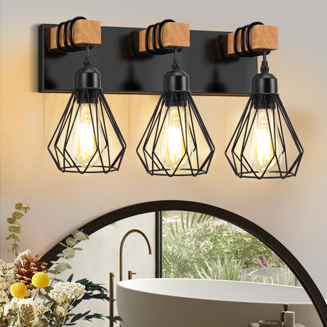 IZORRO Farmhouse Bathroom Vanity Light Fixtures, 3-Light Wood Bathroom Lighting Fixtures Over Mirror, Black Rustic Industrial Sconces Wall Lights with Metal Lampshade for Living Room, Bedroom IZORRO