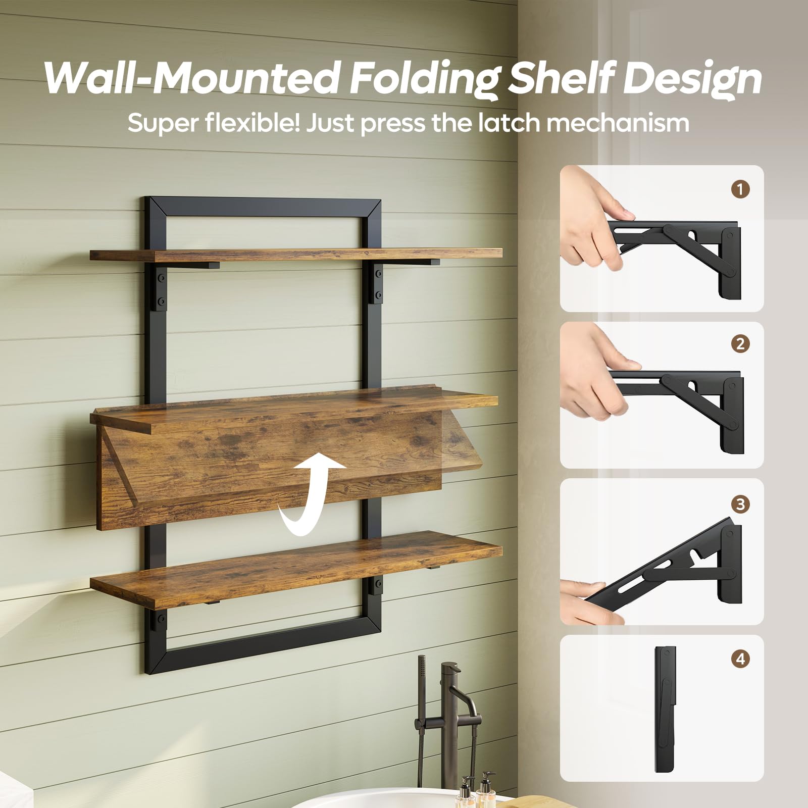 Bestier Floating Shelves for Wall, 24 inch Kitchen Shelves Wall Mounted, 3 Tier Coffee Bar Shelf with Foldable Brackets, Industrial Display Shelf for Bathroom, Living Room, Rustic Brown - WoodArtSupply