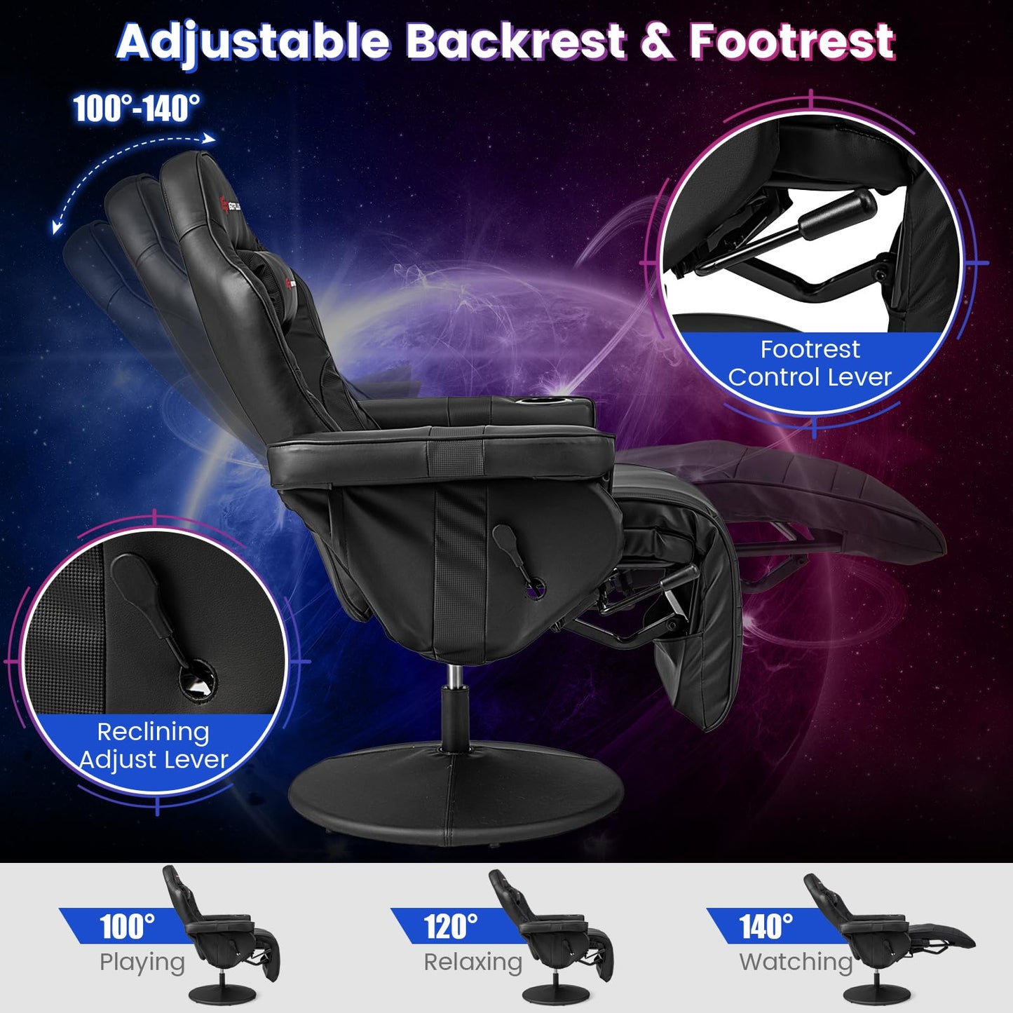 POWERSTONE Gaming Recliner, Adjustable Massage Gaming Chair with Cup Holder Footrest Ergonomic Single Sofa Living Room Home Theater Seating with Side Pouch (Black)