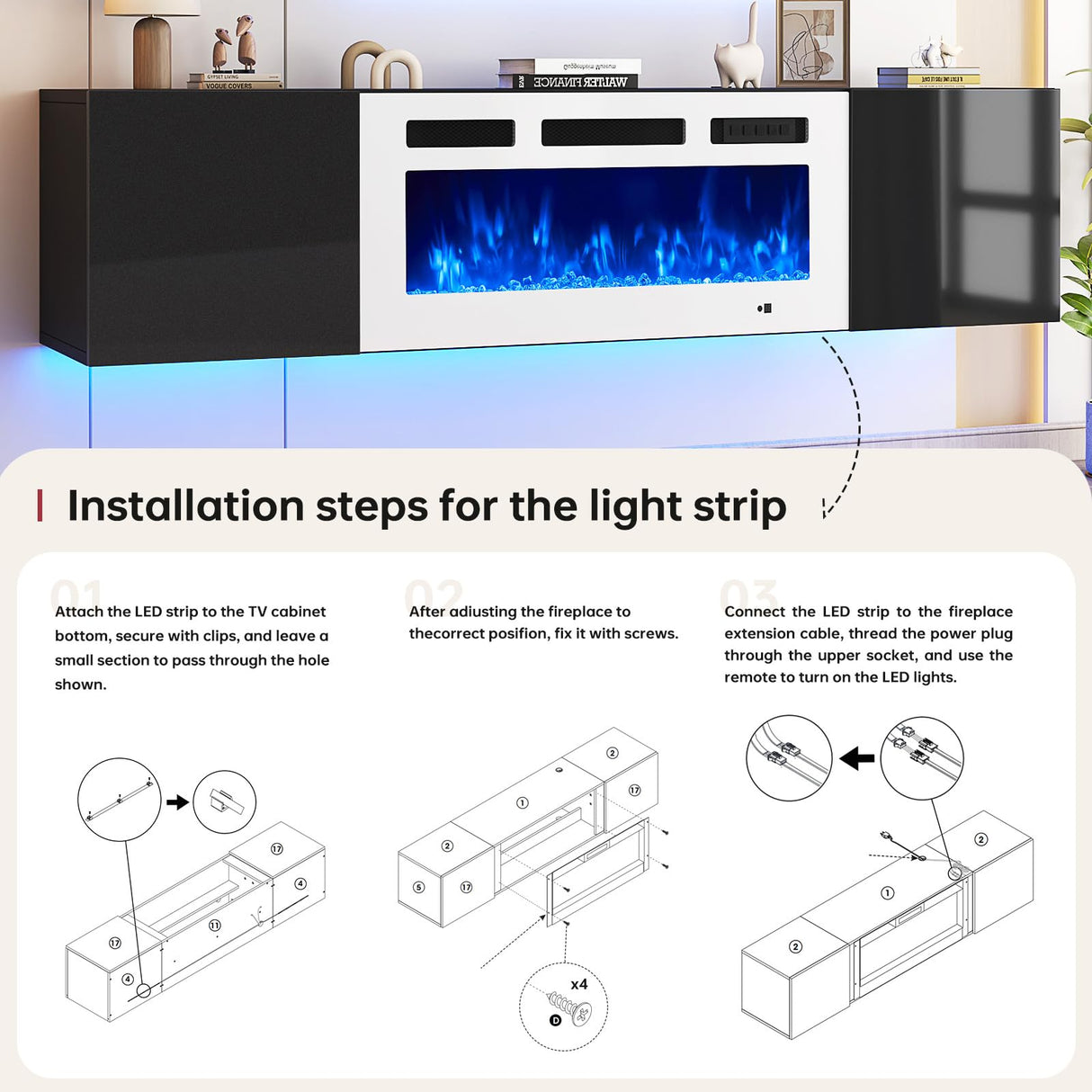 oneinmil Floating TV Stand with 36" Electric Fireplace, Wall Mounted Fireplace Entertainment Center with Storage, 70" TV Console with Fireplace, Floating TV Cabinet, Black+White oneinmil