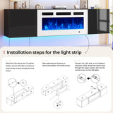 oneinmil Floating TV Stand with 36" Electric Fireplace, Wall Mounted Fireplace Entertainment Center with Storage, 70" TV Console with Fireplace, Floating TV Cabinet, Black+White oneinmil
