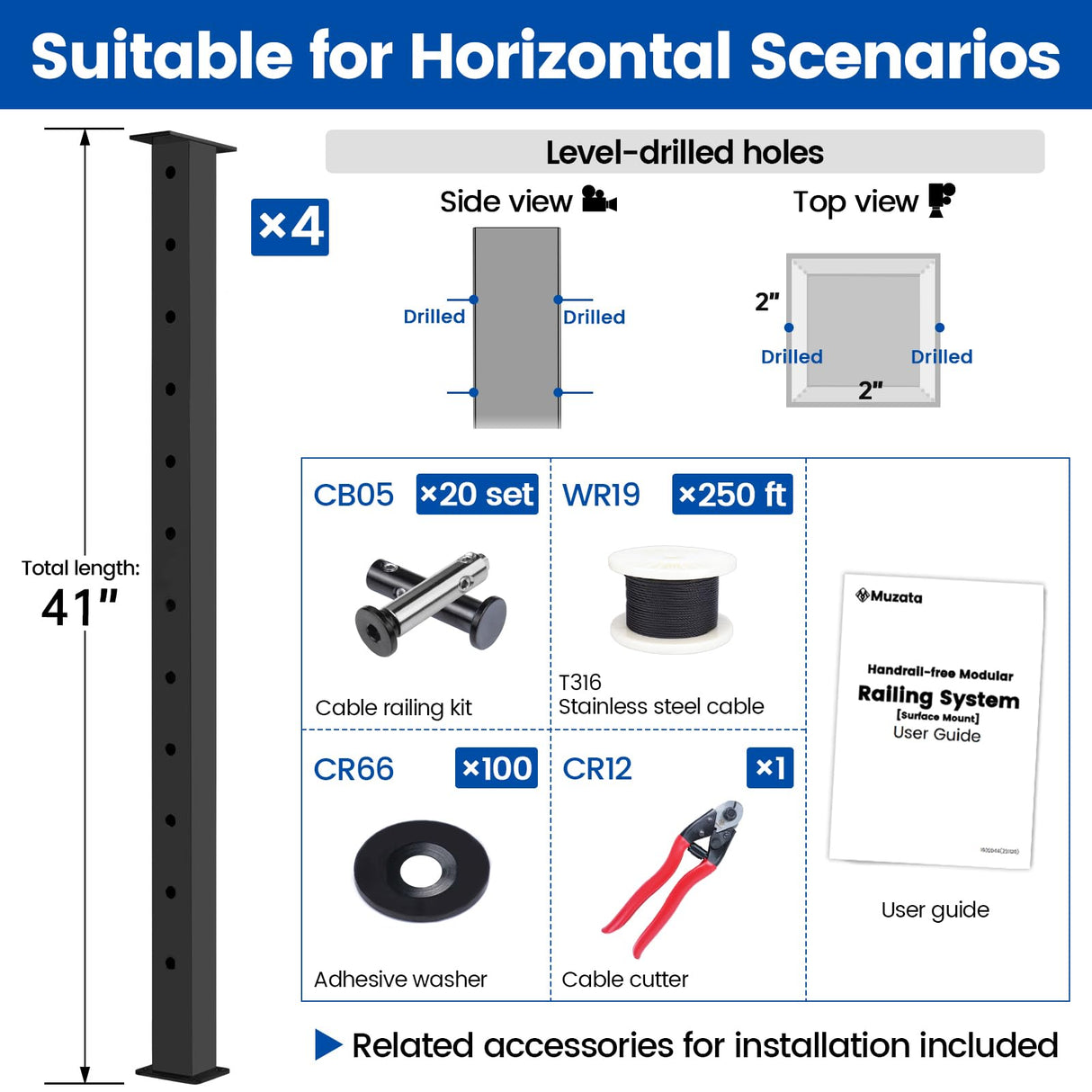 Muzata 15ft-20ft Complete Set 42" Cable Railing Post Kit Include 4Pack Black Posts PS01, 250ft Wire Rope, Swageless Cable Railing System DIY Kit (No Handrail) RWS2 BH4L Muzata