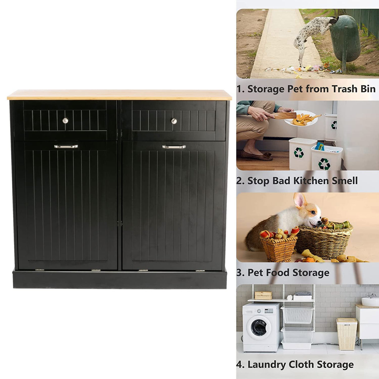 Double Trash Cabinet Tilt Out 20 Gallon, Pet Proof Kitchen Trash Cabinet Laundry Hamper with Cutting Board, Wood Garbage Recycling Station Hideaway Trash Holder Drawers (Black) Gitua