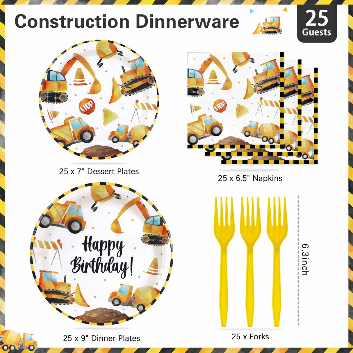 Construction Theme Birthday Party Decorations Plates Set 25 Guests,100 Pcs Plates Napkins Forks Boys Kids Construction Excavator Birthday Party Supplies Heboland