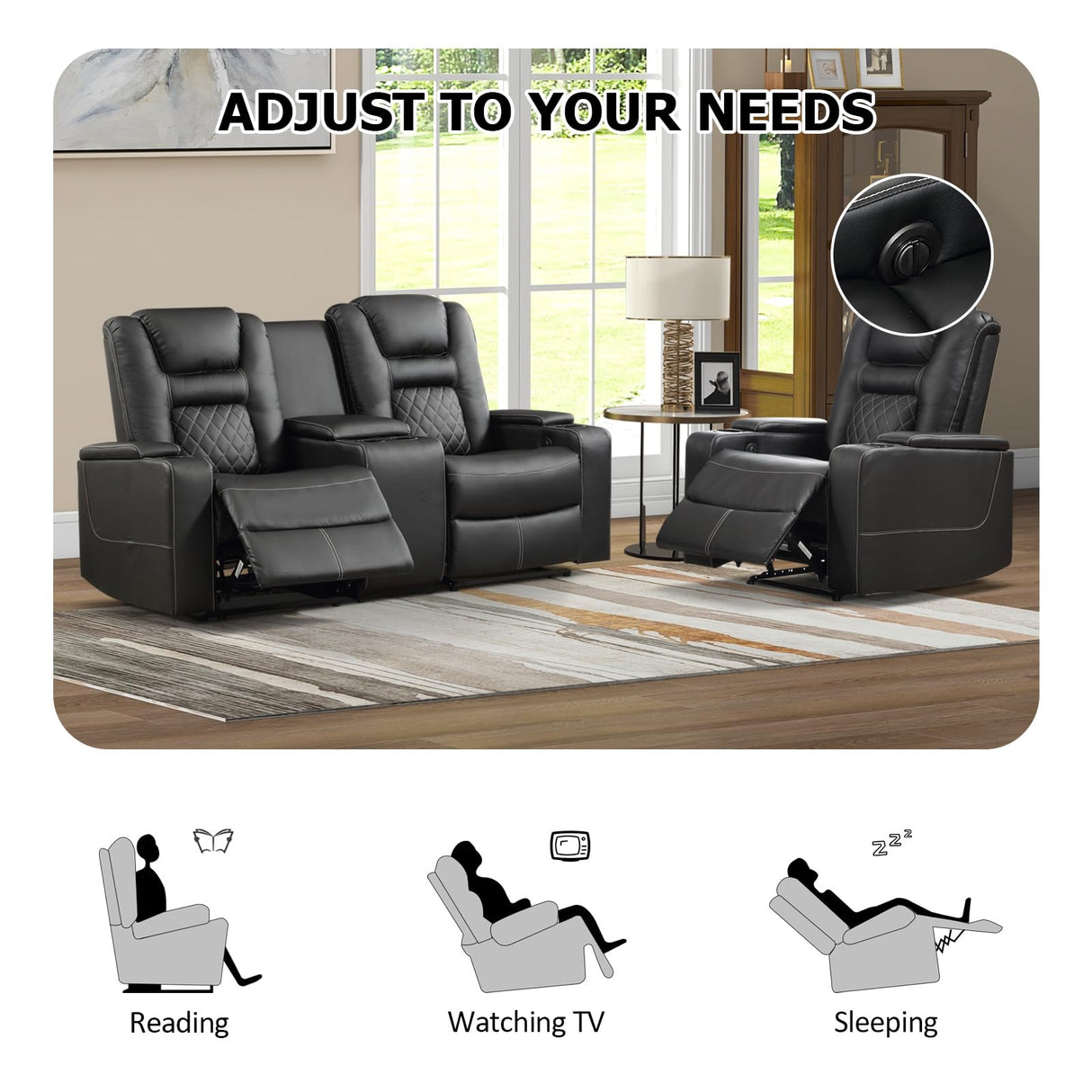 CANMOV Home Theater Seating Seats, Theater Recliner Chair Power Recliner Sofa with Console, Cup Holders, Hidden Arm Storage, USB Ports,Black CANMOV