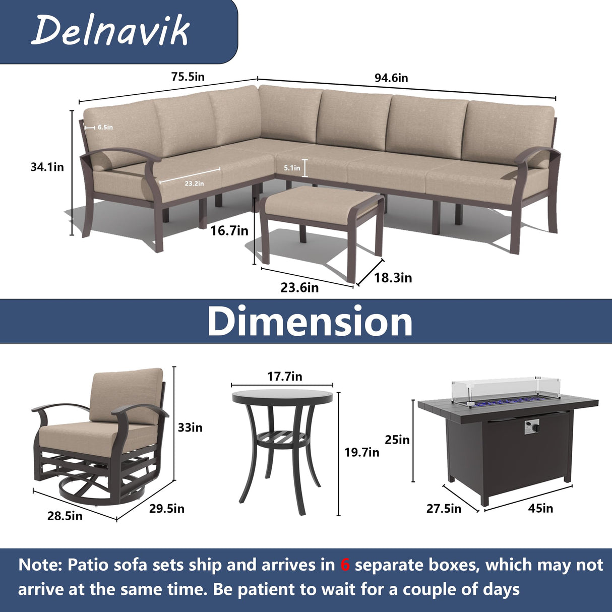 Kurapika Patio Furniture Set 10-Piece Aluminum Sectional Sofa with Armrest, Modern Outdoor Conversation Set w/55000 BTU Propane Fire Pit Table, Metal Corner Sofa with Ottoman, Sand Kurapika