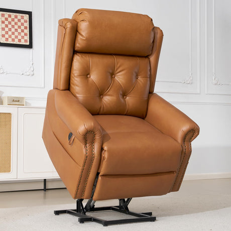 RUTOX Large Power Lift Recliner Chair for Elderly, Lay Flat Lift Chair with Adjustable Headrest, Leather Recliner Lift Chairs with Massage and Heat, Infinite Position,Extended Footrest, Camel RUTOX