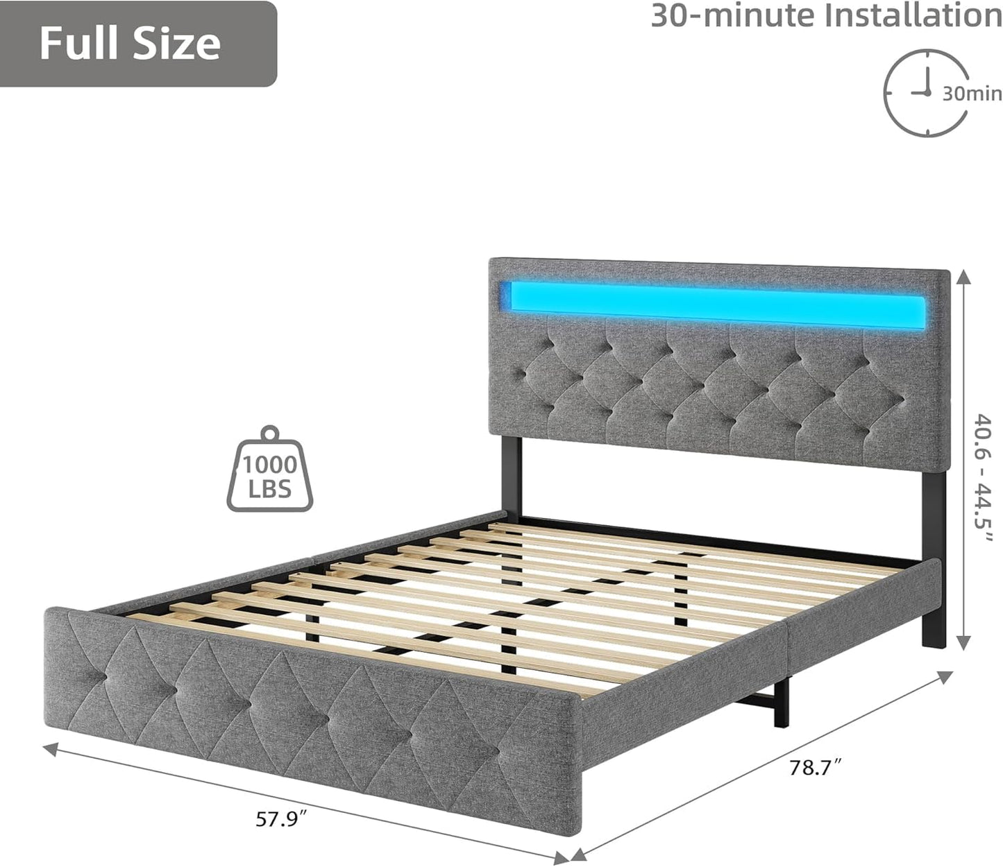 GarveeHome Full Size Upholstered Bed Frame with LED Lights and Charging Station - WoodArtSupply