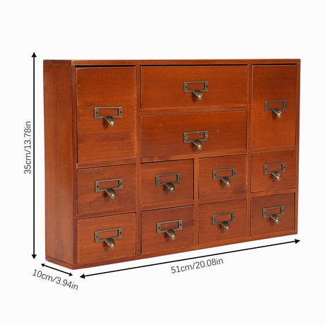 12-Drawer Vintage Wooden Storage Box, Traditional Desktop Apothecary Curio Cabinet, Library Desk Drawer w/Label Holders Handles, Multi Level Countertop Arts and Craft Organizer (Brown) BAITGMYING