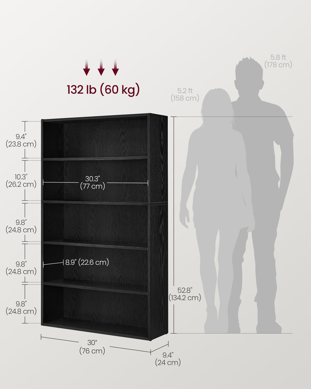 VASAGLE Custos Collection - Bookshelf, 5-Tier Bookcase, Book Shelf, Open Storage Shelf, 9.4 x 30 x 52.8 Inches, for Living Room, Home Office, Dinning Room, Ebony Black ULBC175T56 VASAGLE