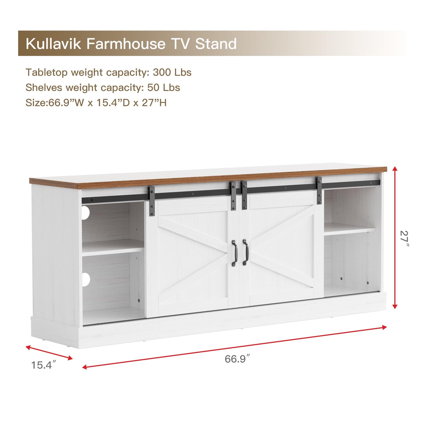 Kullavik Farmhouse TV Stand for TVs up to 75 Inch,Entertainment Center with Sliding Barn Doors and Adjustable Shelf,Modern Media TV Console Table with Storage Cabinets for Living Room,Bright White