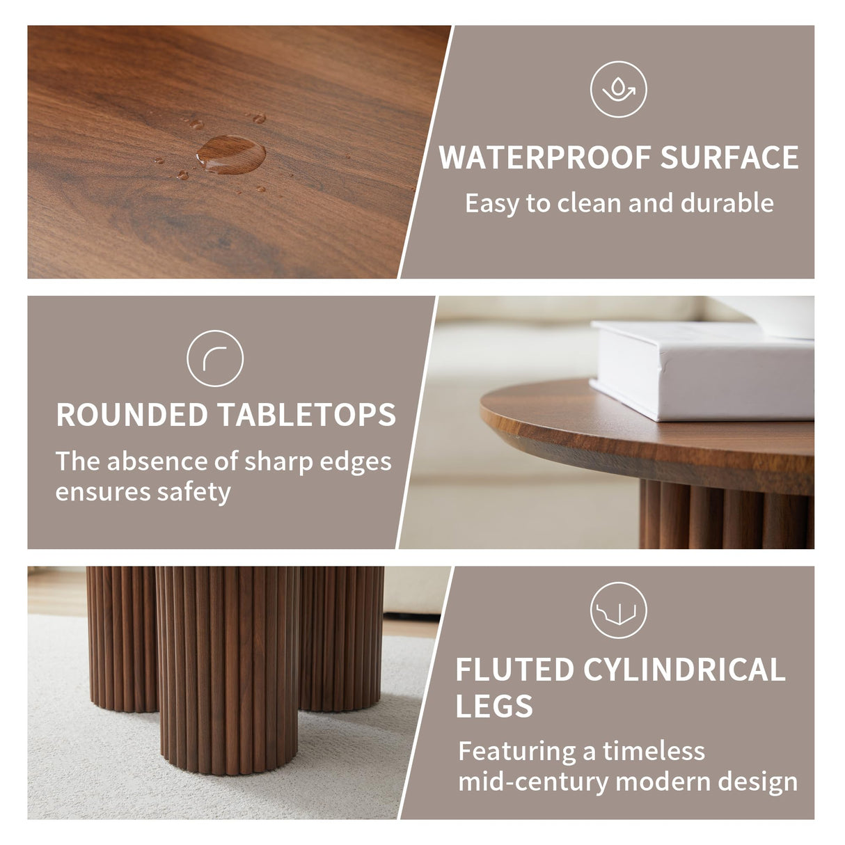 Bifins Round Nesting Coffee Table Set of 3,Mid Century Modern Fluted Coffee and End Table Set,Small Circle Wooden Side Table Drink Table for Living Room (Walnut) Bifins