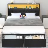 Yoobure Black Queen Bed Frame with Headboard, LED Lights & Charging Station, Storage Drawers, No Box Spring Required Yoobure