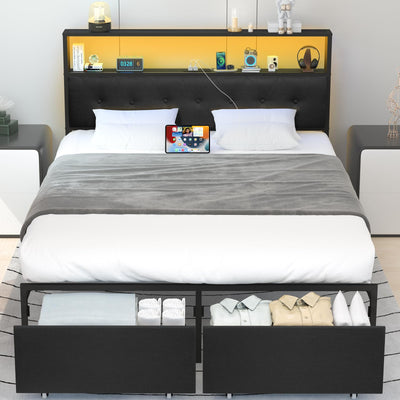 Yoobure Black Queen Bed Frame with Headboard, LED Lights & Charging Station, Storage Drawers, No Box Spring Required