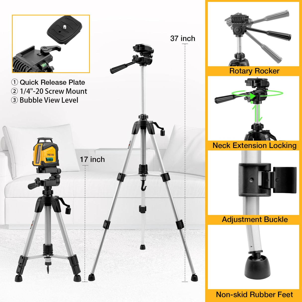 PREXISO 360° Laser Level with Tripod, 100Ft Dual Power Self Leveling Cross Line Laser- Wide Angle Vertical Line for Construction, Floor Tile, Renovation with Magnetic Base, Wall Panel Stand, Carry Bag Prexiso