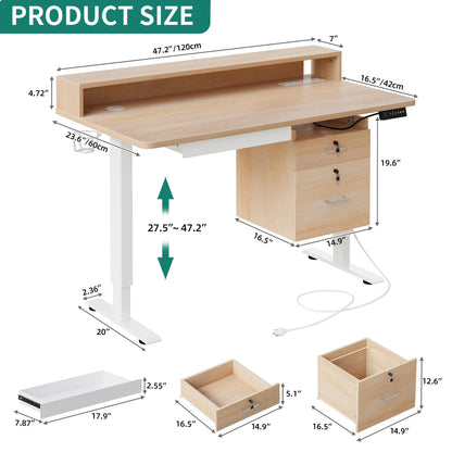 YITAHOME Height Adjustable Electric Standing Desk with Drawers, 48 x 24 Inches Sit Stand Desk with Power Outlets & LED Lights, Electric Desk Stand Up Desk with Monitor Stand, Oak - WoodArtSupply