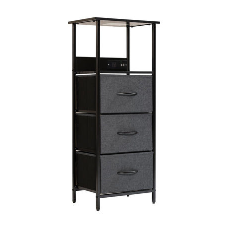 Flash Furniture Sodano 3 Nightstand with Charging Station, 2 USB Ports and 1 Outlet, Metal, Engineered Wood Top, Handles, Set of 1, Charcoal Drawers/Black Frame Flash Furniture