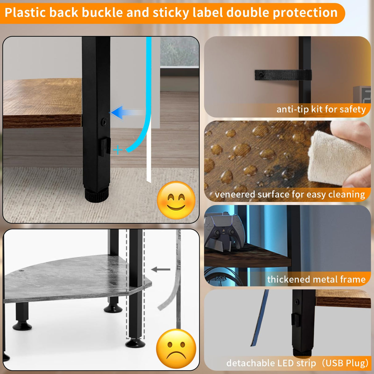 HONGOUZWL Corner Shelf with LED Lights, 6-Tier Corner Bookshelf, 66'' Organizer Book Shelf Shelves Steel Frame Display Stand with Living Room, Bedroom, Study, Rustic Brown HONGOUZWL