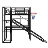 Polibi Full Size Metal Loft Bed with Built-in Desk,Open Wardrobe,Basketball Hoop,Slide and Staircase,Space-Saving Design for Small Rooms(Black) Polibi