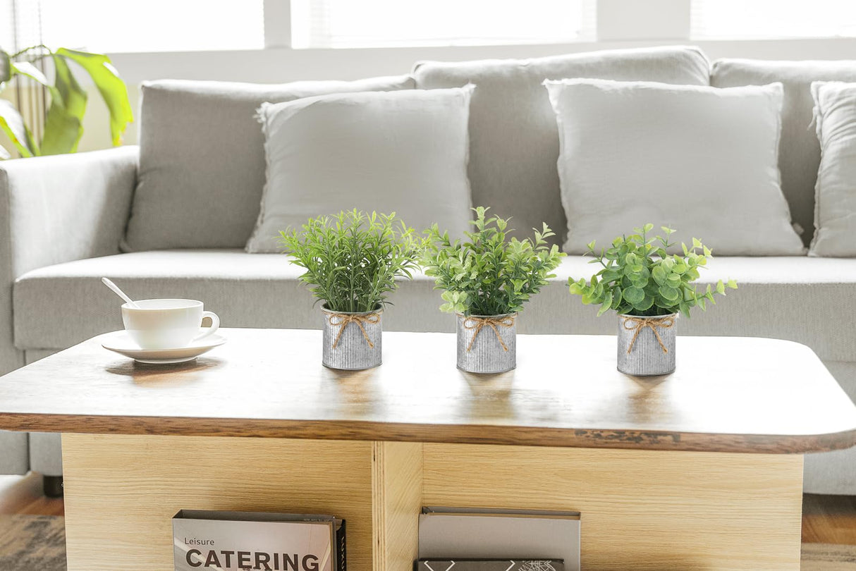 Mkono Mini Fake Plants in Farmhouse Galvanized Metal Pots 3 Pack Small Potted Artificial Plant Eucalyptus for Laundry Room Bathroom Shelf Table Decor Mkono