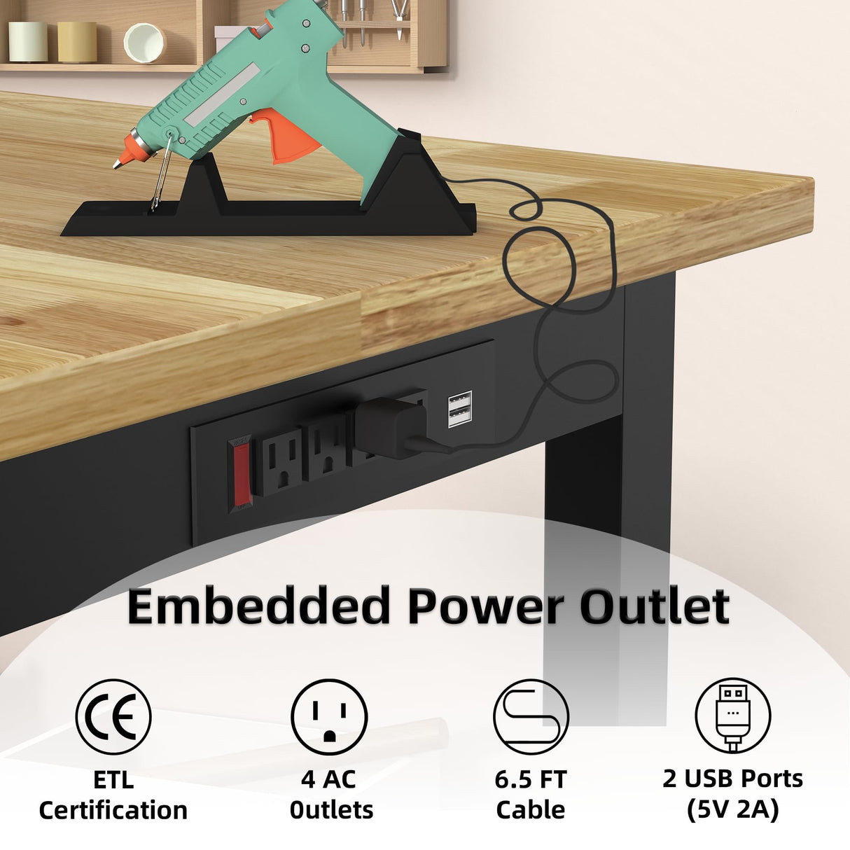 NBGV 48" Solid Wood Work Bench, Adjustable Hight Workbench with Wheels, Heavy-Duty Worktable with Pegboard, Power Outlets, Workstation for Garage, Workshop, Office NBGV