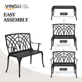 VINGLI 38" Outdoor Bench Cast Aluminium Garden Bench, Orchid Porch Bench Patio Bench Deck Furniture for 1-2 Person Seat (Black) VINGLI