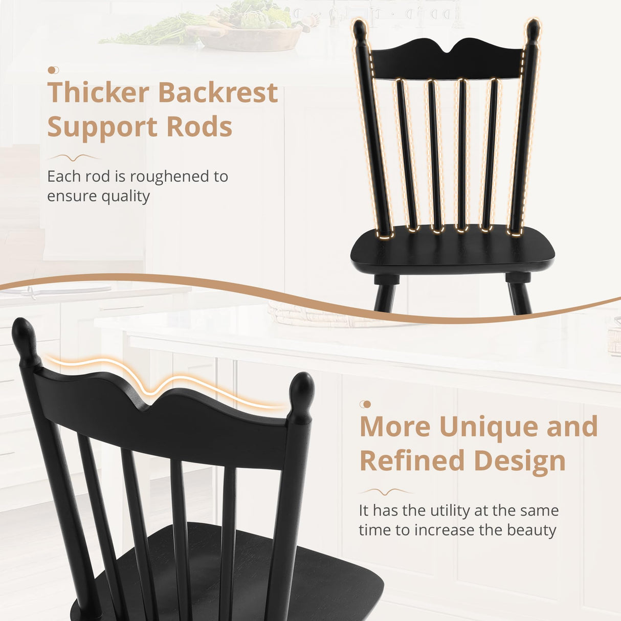 LUE BONA Black Dining Chairs Set of 4, Windsor Wooden Dining Chair with Thickened Backrest, Morden and Mid Century Kitchen Chairs for Dining Room Farmhouse, Weight Capacity 350 lbs LUE BONA