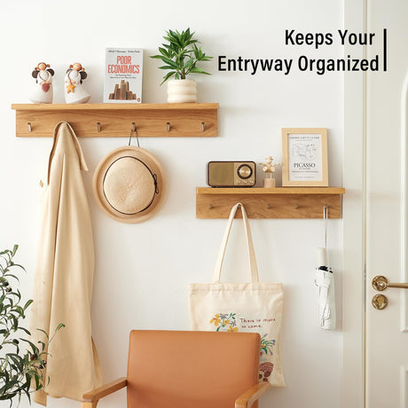 Rsuwiz Wall Hooks with Shelf Oak Wood Coat Rack Shelf Wall Mounted, Entryway Shelf with 6 Metal Hangers for Clothes Hats Towel for Bathroom, Bedroom, Living Room (Natural, 27.5 inches) Rsuwiz