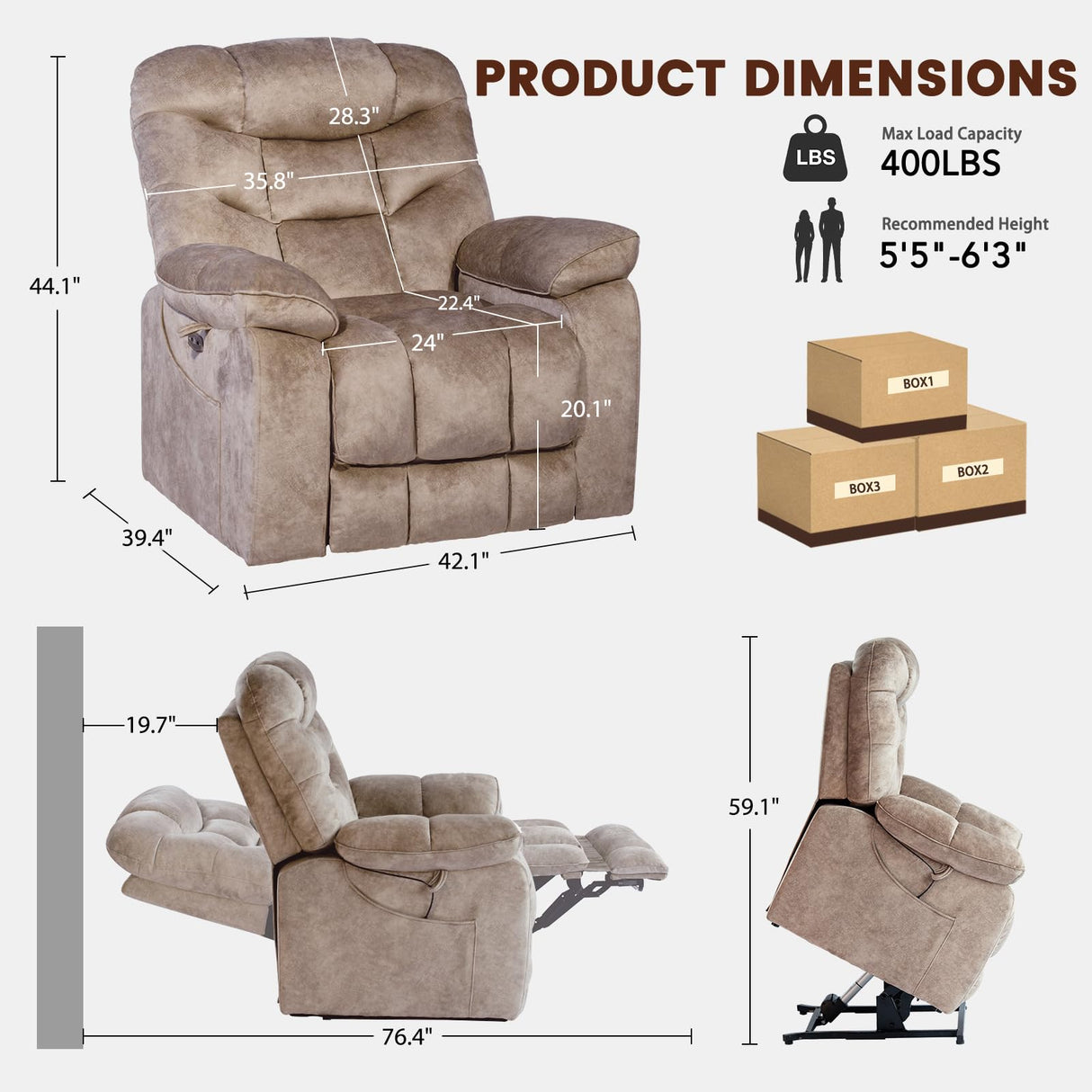 EONIX Large Lay Flat Power Lift Recliner Chair for Elderly with Heat and Massage, 400lbs Dual Motor Electirc Lift Chair with Extended Footrest, SLRY007062, Beige EONIX