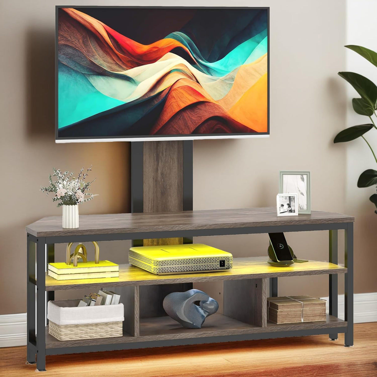 DWVO TV Stand with Mount, Black TV Stands for Living Room w/Power Outlet, LED Entertainment Center for 70/65/60 inch TV, Height Adjustable TV Console Cabinet, Grey DWVO