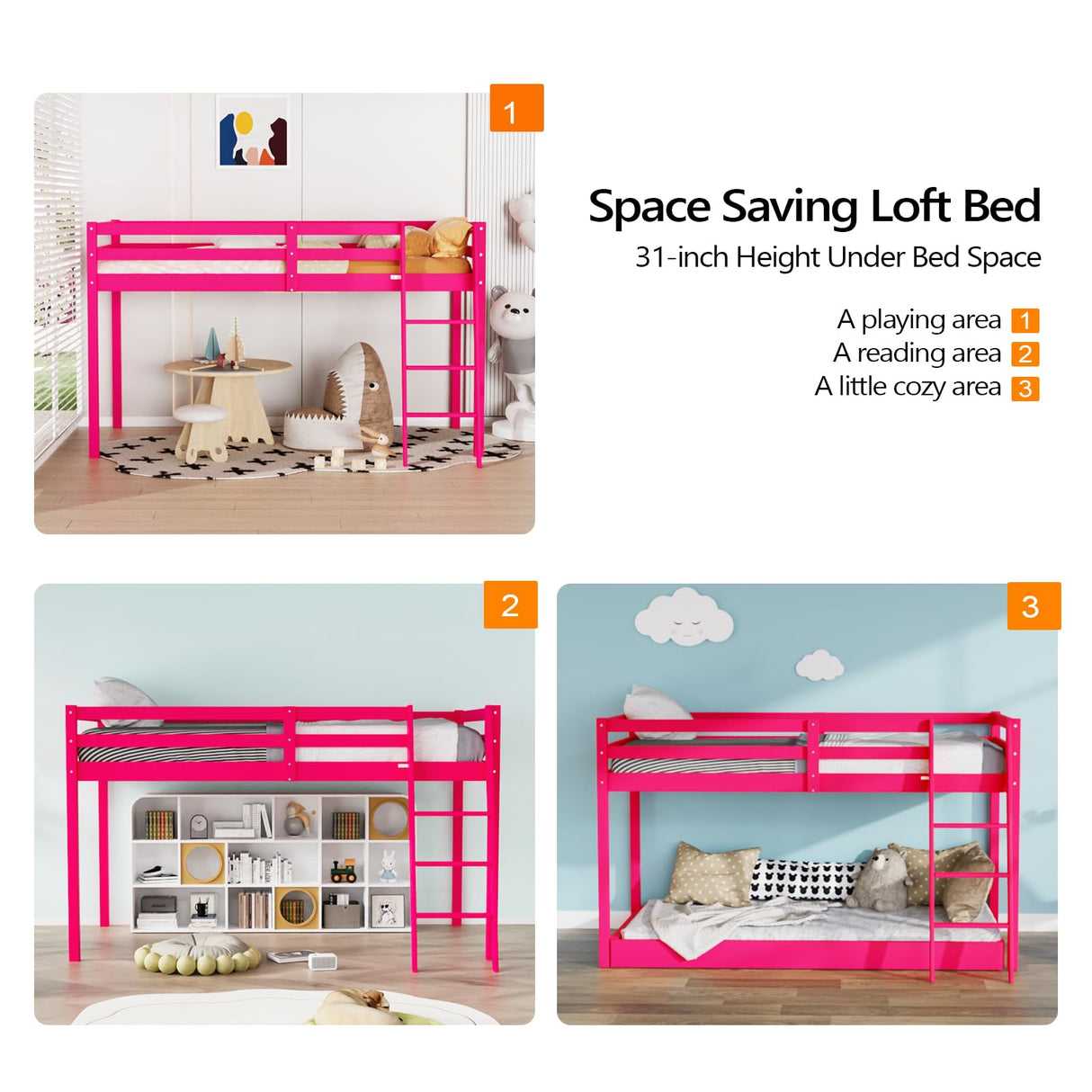 Bonnlo Low Loft Bed Twin Size with Inclined Stairs, Junior Loft Bed with High Guard Rail for Kids/Young Teens/Adults, Solid Wood Low Bunk Bed Twin Size Pink, No Box Spring Required Bonnlo