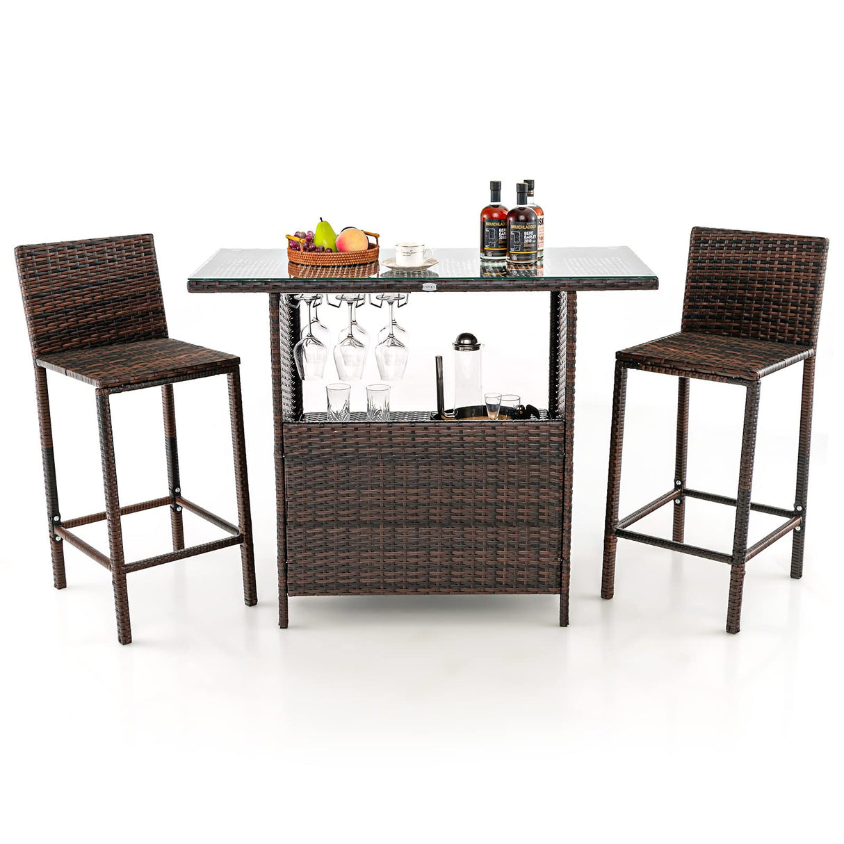Tangkula Outdoor Bar Set, 3 Pieces Patio Wicker Bar Height Table and Chair Set with 3 Rows Stemware Racks, Hidden Storage Shelf, Tempered Glass Tabletop, 2 Stools for Backyard, Poolside (Mix Brown) Tangkula