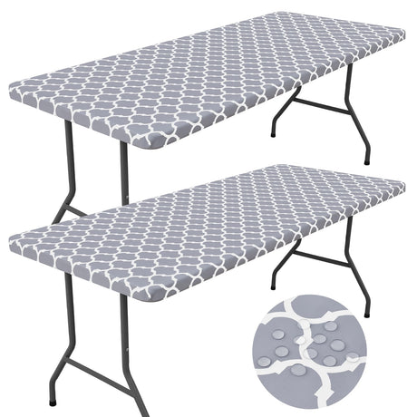 Smiry Rectangle Picnic Table Cloth 2 Pack, 6FT Waterproof Elastic Fitted Tablecloths, Washable Polyester Table Cover for Camping, Indoor and Outdoor (Grey Morocco, 30"x72") Smiry