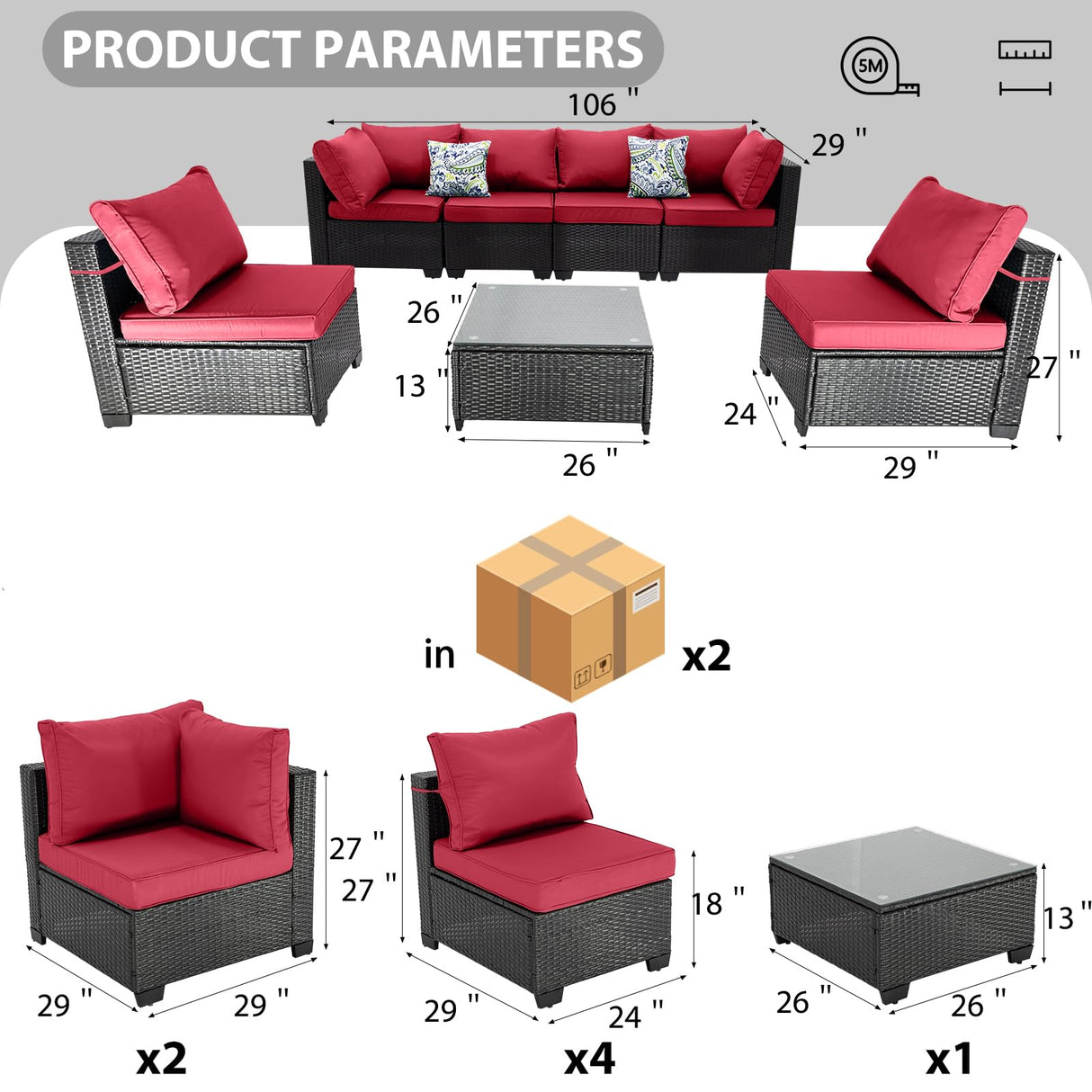 OUGMMGOU 7 Piece Patio Furniture Set, All-Weather Wicker Outdoor Conversation Set with Sectional Sofa, Rattan PE Wicker Seating, Glass Coffee Table, and Cushions (Coffee-Red, Z7) OUGMMGOU