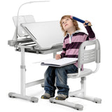 Rengue Kids Desk and Chair Set Height Adjustable School Study Desk and Chair with 55° Tiltable Desktop, 3 Modes&3 Brightness LED Lamps, Storage Drawer and Metal Hook for Boys Girls, Grey Rengue