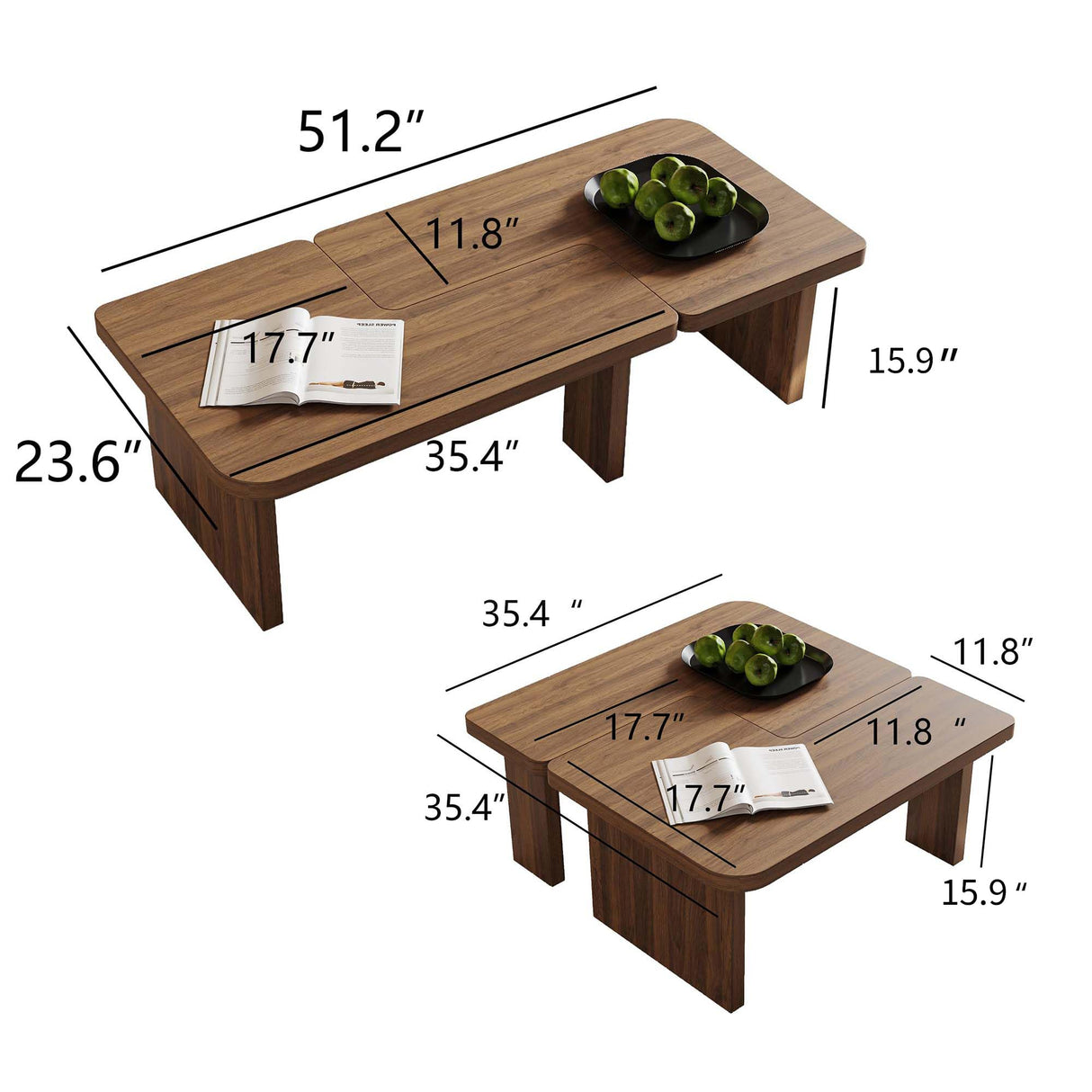 VAFON 51.2" Expandable Wood Coffee Table for Living Room - 2-in-1 Square/Rectangle Center Table, Walnut Wood Grain Low Table, 68lbs Capacity - Versatile for Lounge, Office, Farmhouse Decor(Brown) VAFON